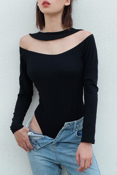 Chic Long Sleeve Off The Shoulder Plain Black Cotton Bodysuit