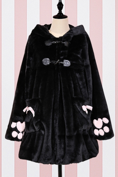 Cute Cartoon Cat Claw Printed Toggle Long Sleeve Bow Embellished Hooded Coat