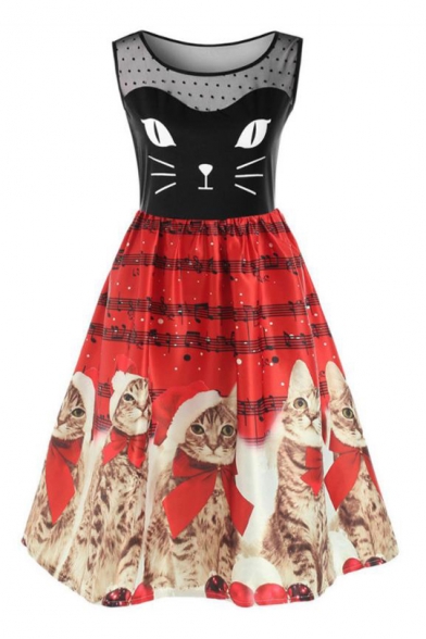 Cute Cartoon Cat Printed Colorbock Round Neck Sleeveless Midi A-Line Dress