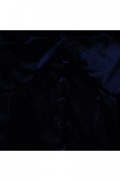 Dark Blue Velvet Plain One Shoulder Long Sleeve Bow Button Embellished Blouse
