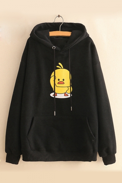Dark Pink Cotton Chick Cartoon Print Long Sleeves Pullover Hoodie with Pocket