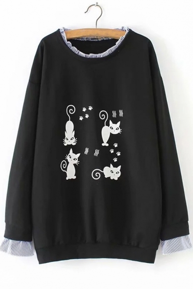 Fake Two Piece Round Neck Long Sleeve Cartoon Car Printed Relaxed Sweater