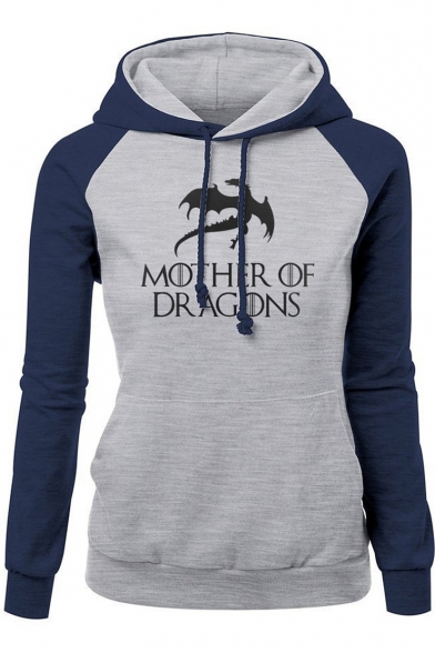 Fashion Colorblock Letter MOTHER OF DRAGONS Printed Long Sleeve Fitted Hoodie