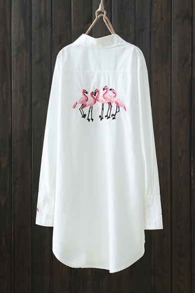 Fashion Flamingo Printed Cuff Back Long Sleeve Lapel Collar White Button Down Tunic Shirt