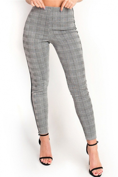 Fashion Side Striped Classic Houndstooth Printed High-Rise Gray Skinny Pants