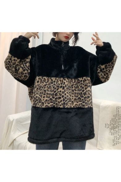 Fashionable Long Sleeve Stand Collar Colorblock Leopard Printed Tunics Oversize Zip Sweatshirt