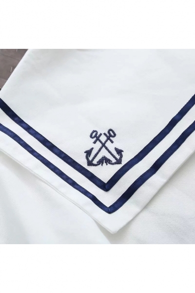 Fresh Long Sleeve Navy Collar Tie Front Sailing Boat Pattern Striped Leisure Blouse