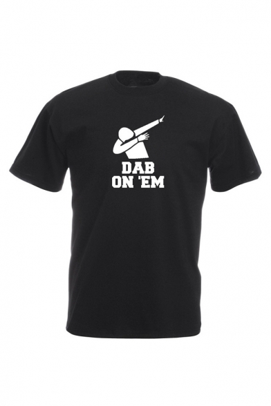 Funny Cartoon Figure Letter DAB ON EM Printed Short Sleeve Round Neck Black Tee for Guys