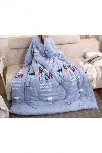 Lazy Warm Fish Printed Blue Quilt with Sleeves Plush Sofa Office Blanket 150*200CM
