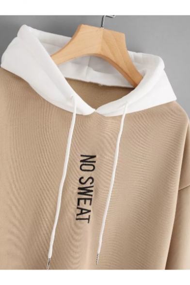 Letter NO SWEAT Pattern Long Sleeve Regular Fitted Cozy Khaki Hoodie