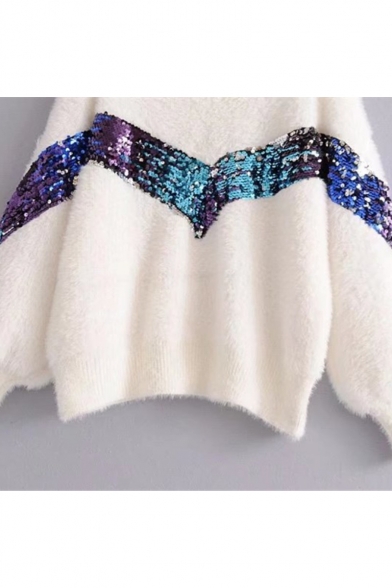Mock Neck Long Sleeve Sequined Embellished Warm Mohair Sweater