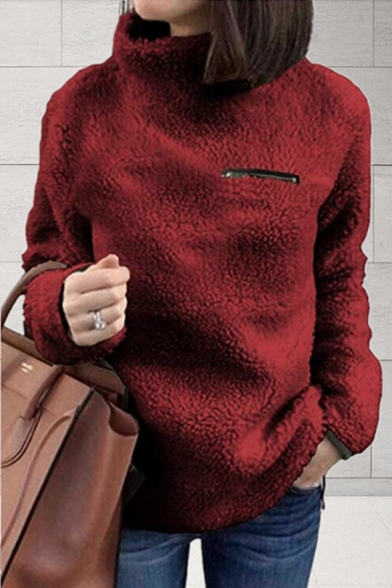 New Trendy High Neck Zip Embellished Chest Long Sleeve Solid Fleece Sweater