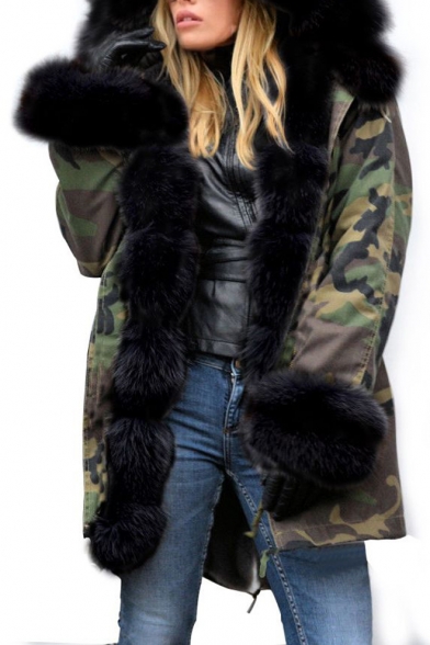 New Trendy Long Sleeve Camouflage Printed Fleece Hooded Tunics Drawstring Hem Coat