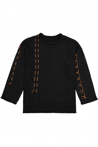 New Trendy Long Sleeve Round Neck Lace Suede Patch Knit Tunic Loose Black Sweater