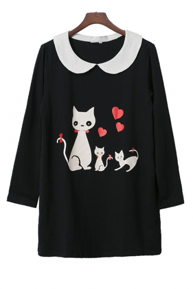 Peter-Pan Collar Long Sleeve Cartoon Cat Heart Printed Loose Fitted Tunic Black T-Shirt