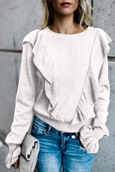 Plain Ruffle Detail Long Bell Sleeve Loose Round Neck Tee