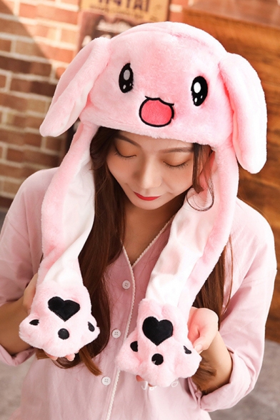Plush Warm Cute Cartoon Rabbit Printed Ear Popping Up Funny Pink Bunny Hat