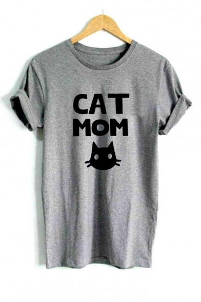 Popular Short Sleeve Round Neck Cartoon Cat Letter Printed Slim T-Shirt