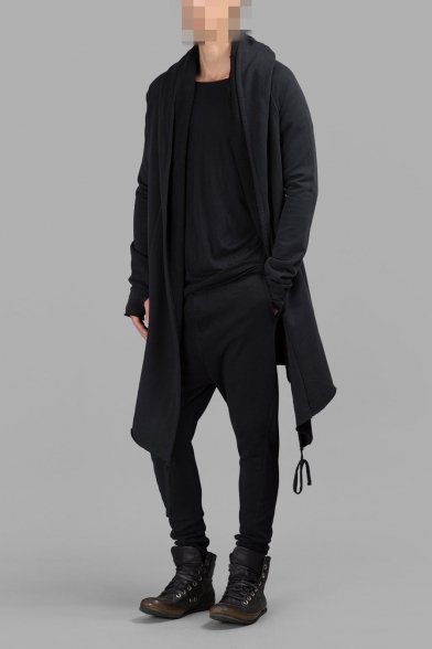 Stylish Long Sleeve Open Front Plain Tunics Black Coat