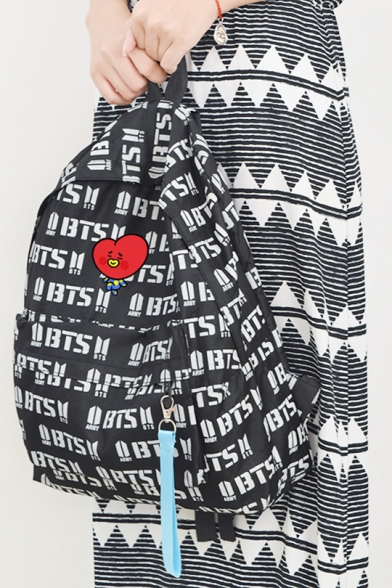 Unique Black Allover Letter Print Cartoon Pattern Zippered Backpack for Girls