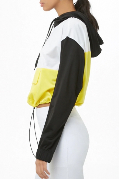 Unique Black and White Yellow Half-Zip Front Flap Pocket Long Sleeve Drawstring Waist Cropped Hoodie