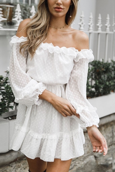 White Long Sleeve Off The Shoulder Ruffle Detailing Polka Dot Printed Mini A-Line Dress