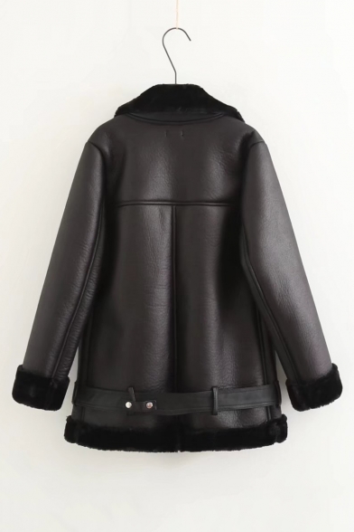 Winter's New Arrival Notched Lapel Collar Long Sleeve Belted Waist Zip Up Fur Inside Black PU Jacket