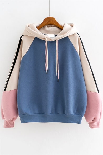 Winter's Warm Colorblock Long Sleeve Double Ribbons Relaxed Hoodie for Juniors