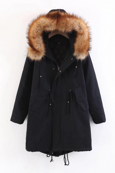Winter's Warm Fur Hooded Long Sleeve Drawstring Waist Zip Up Longline Cotton-Padded Coat