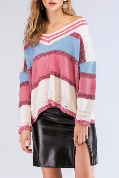 Women's Stylish Off The Shoulder Long Sleeve Color Block Leisure Loose Pink Sweater