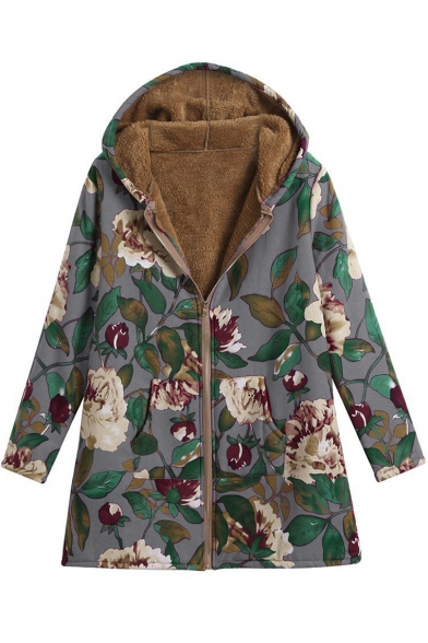 Antique Long Sleeve Floral Printed Thick Zip Front Hooded Coat