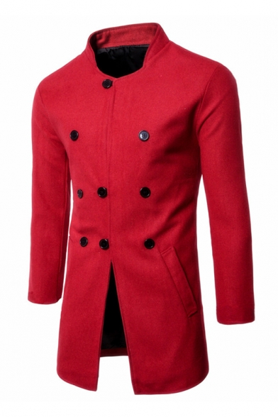 Autumn's New Arrival Long Sleeve Stand Collar Triple Breasted Plain Warm-Up Woolen Coat