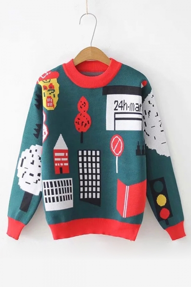 

Cartoon Colorblock Graffiti Pattern Crewneck Long Sleeve Pullover Sweater, Green;red;yellow