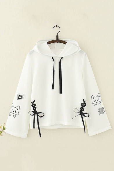 Cartoon Lovely Cat Pattern Lace-Up Side Long Sleeve Loose Fitted Hoodie