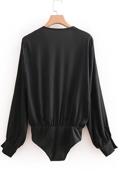 Casual Long Sleeve V Neck Plain Loose Black Bodysuit