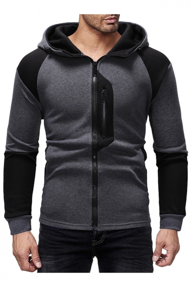 Cool Black and Gray Color Block Zip Closure Slim Fir Workout Muscle Hoodie for Men