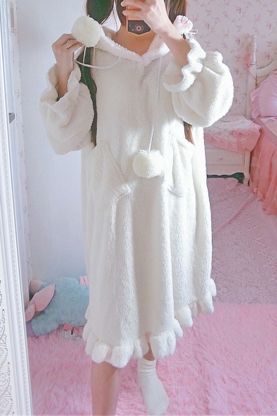 Cute Cat Ear Hooded Long Sleeve Pompom Embellished Ruffle Hem Midi Shift Fleece Pajama Dress