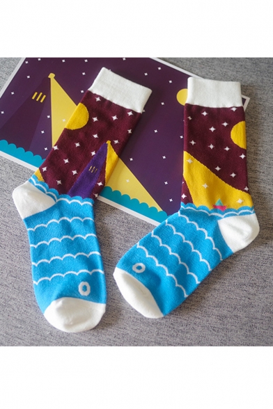 Cute Design Colorblock Ocean Cotton Calf High Blue Socks