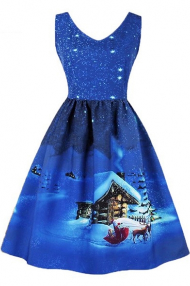 Fancy Sleeveless V Neck Christmas Tree Printed Midi A-Line Dress