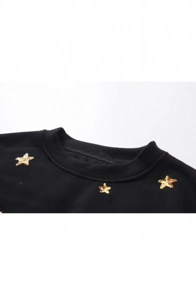 Fashion Star Sequined Embroidered Long Sleeve Crew Neck Loose Black Sweatshirt