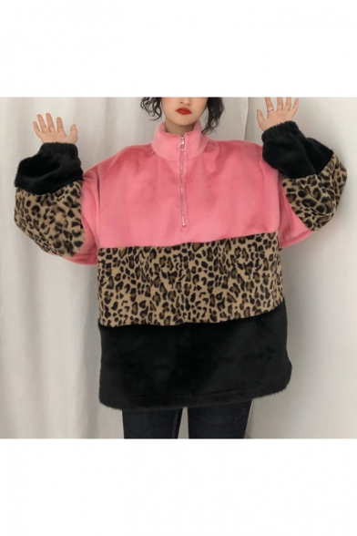 Fashionable Long Sleeve Stand Collar Colorblock Leopard Printed Tunics Oversize Zip Sweatshirt
