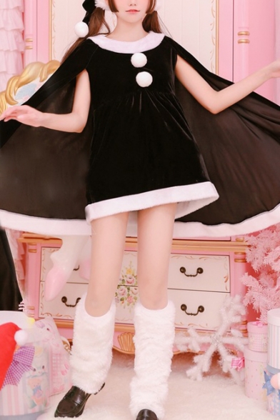 Girls' Lovely Christmas Cosplay Pompom Embellished Mini A-Line Cape Dress