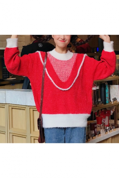 Girls' Lovely Patchwork Crew Neck Long Sleeve Colorblock Pullover Sweater