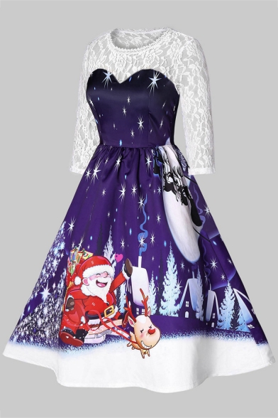 Long Sleeve Lace Patched Round Neck Santa Claus Printed Midi A-Line Dress