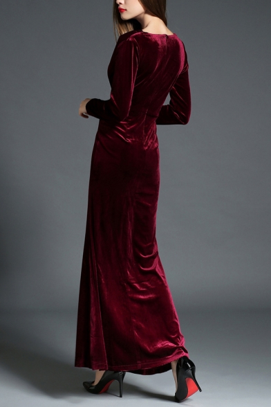 Ladies' Graceful Wrap V-Neck Long Sleeve Ruched Detail Split Front Velvet Maxi Party Dress