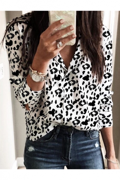 Leopard Printed Long Sleeve Notched Lapel Collar Button Down Shirt