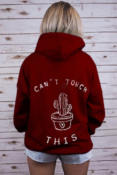 Letter CAN'T TOUCH Cactus Printed Long Sleeve Leisure Hoodie