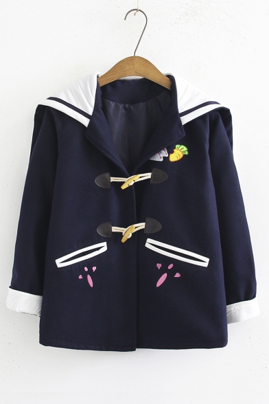 

Lovely Cartoon Carrot Pattern Rabbit Ear Hooded Long Sleeve Toggle Button Down Coat, Khaki;navy