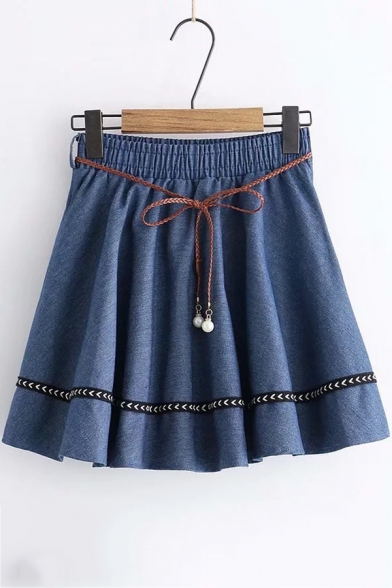 New Fashion Elastic Waist Pearl Belt Mini A-Line Skirt