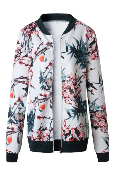 New Trendy Floral Pattern Long Sleeve Stand Collar Zip Up Jacket